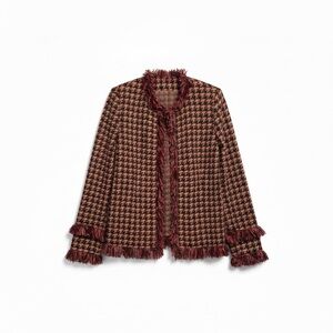St. John Collection Houndstooth Knit Fringe Jacket Burgundy Gold Multicolor F205